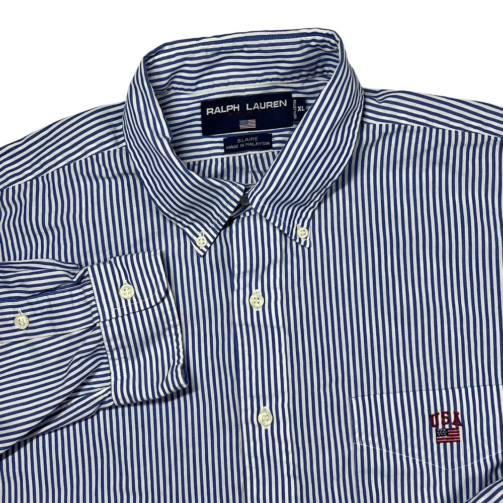 Ralph Lauren Sport Blaire‎ Mens XL Blue White Striped USA Flag Button Down Shirt